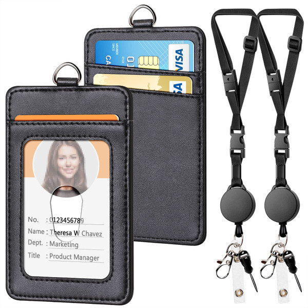 2 Pack Leather Badge Holder and Adjustable Retractable Lanyards, Quick Release Buckle and Safety Breakaway Lanyards with Swivel Metal Clasp for Offices, Staff, Students, Employees, Black