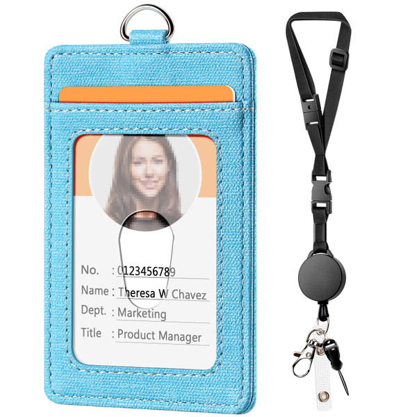 Leather Badge Holder and Adjustable Retractable Lanyards, Quick Release Buckle and Safety Breakaway Lanyards with Swivel Metal Clasp for Offices, Staff, Students, Employees, Sky Blue