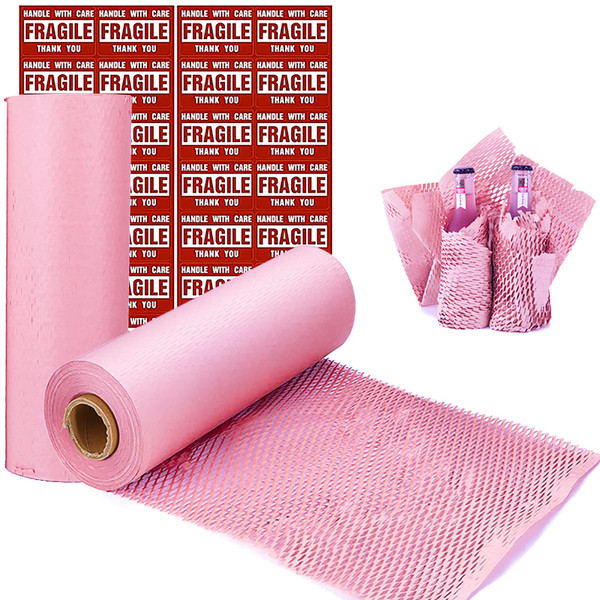 onesimcr Pink Honeycomb Wrapping Paper Wrap 15"x131' Sustainable Alternative to Bubble Wrap for Moving/Transporting/Packaging Rolls with 20 Fragile Stickers Biodegradable and Fully Recyclable