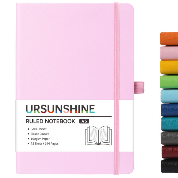 Ruled Notebook/Journal - Classic Lined Journal/Notebook, Hardcover with Thick Paper, 5.7" x 8.4", Banded + Pen Holder +Inner Pocket - Pink