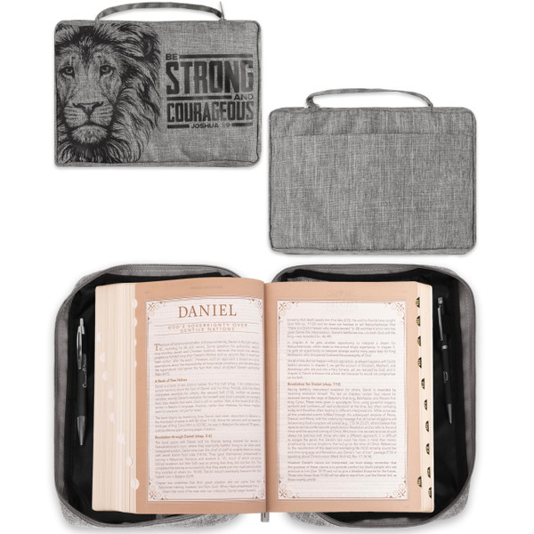 Christian Art Gifts Value Poly-Canvas Bible Cover for Men & Women: Strong & Courageous Bold Lion - Joshua 1:9 Inspirational Scripture with Pocket, Sleeves, Pen Loops, Gray, Medium