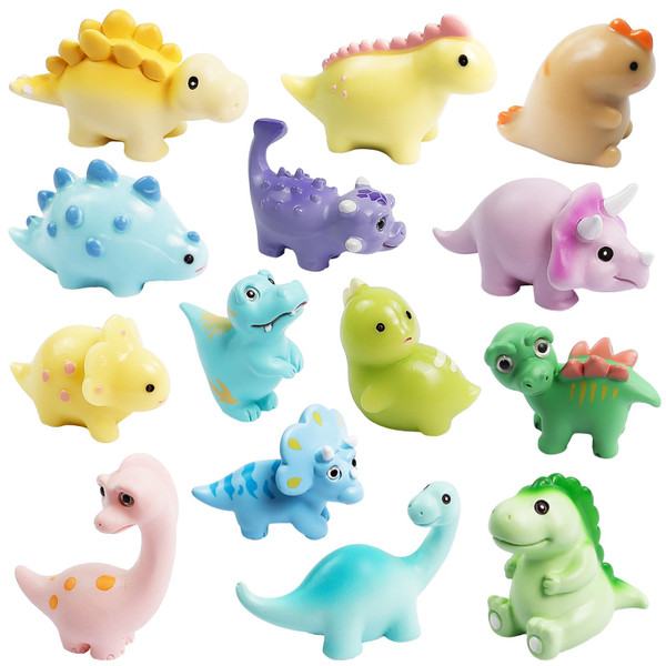 HAPTIME Mini Resin Animals, 14Pcs Mini Dinosaur Figures, Tiny Figures to Hide Miniature Figurines for Kids Adults, Treasure Box Toys for Classroom, Party Favors, Decorations for Fairy Gardens Offices