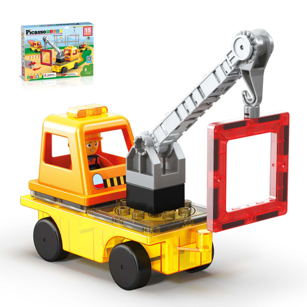 PicassoTiles Magnet Tile Building Blocks 3-in-1 Crane, Dump Truck, and Ladder Construction Vehicle Brick Compatible Magnetic Tiles Toy Set with Car Base Character Action STEM Learning Kit Age 3+ PTU03
