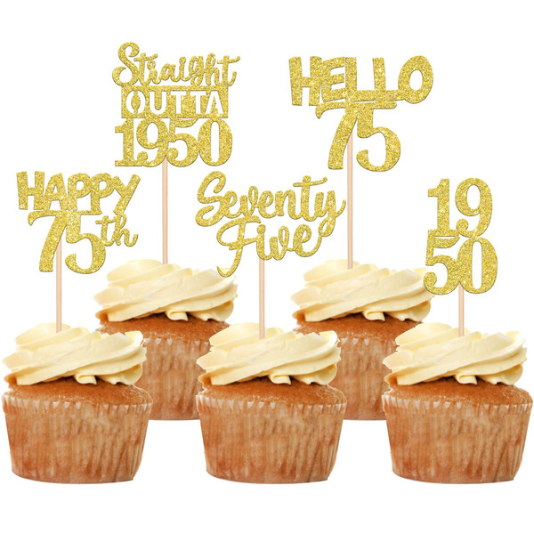 30PCS Straight Outta 1950 Cupcake Toppers Gold Glitter Seventy Five Happy 75th Birthday Cupcake Picks Cheers to 75 Fabulous Cake Decorations for 75th Birthday Anniversary Party Decoration Supplies