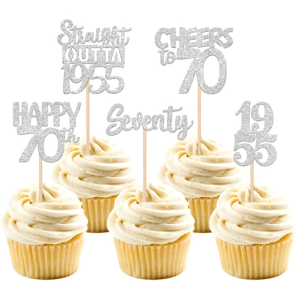 30 PCS 70th Birthday Cupcake Toppers Glitter Seventy Happy 70th Straight Outta 1955 Cupcake Picks for Cheers to 70 Fabulous 70th Birthday Anniversary Party Cake Decorations Supplier Silver