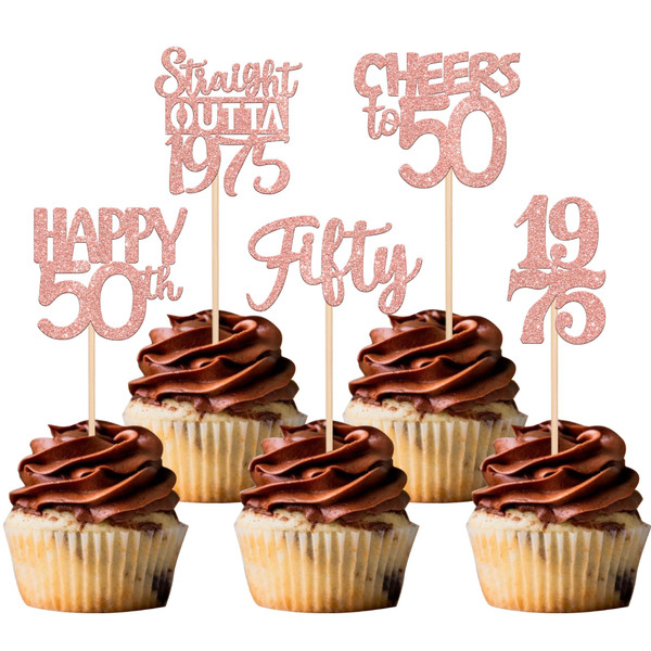 30PCS 50th Birthday Cupcake Toppers Glitter Fifty Happy 50th Straight Outta 1975 Cupcake Picks for Cheers to 50 Years 50th Birthday Wedding Anniversary Party Cake Decorations Supplies Rose Gold