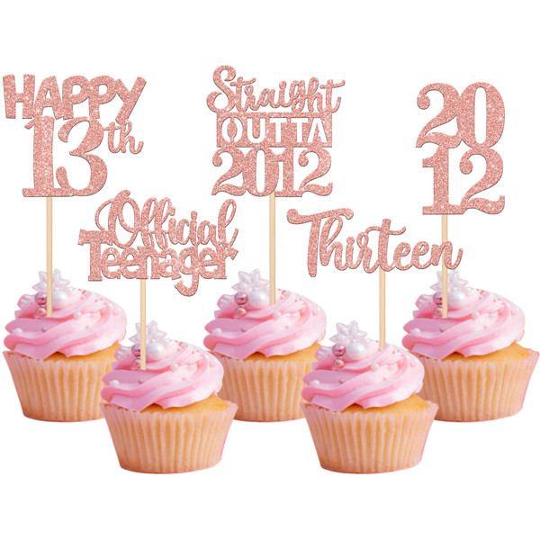 30PCS 13th Birthday Cupcake Toppers Glitter Thirteen Happy 13th Straight Outta 2012 Cupcake Picks for Cheers to 13 Years 13th Birthday Anniversary Party Decorations Supplies Rose Gold
