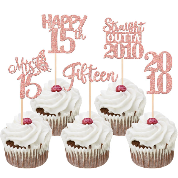 30PCS 15th Birthday Cupcake Toppers - Glitter Fifteen Happy 15th Straight Outta 2010 Cupcake Picks for Cheers to 15 Years Wedding Anniversary Party Decorations Supplies - Rose Gold