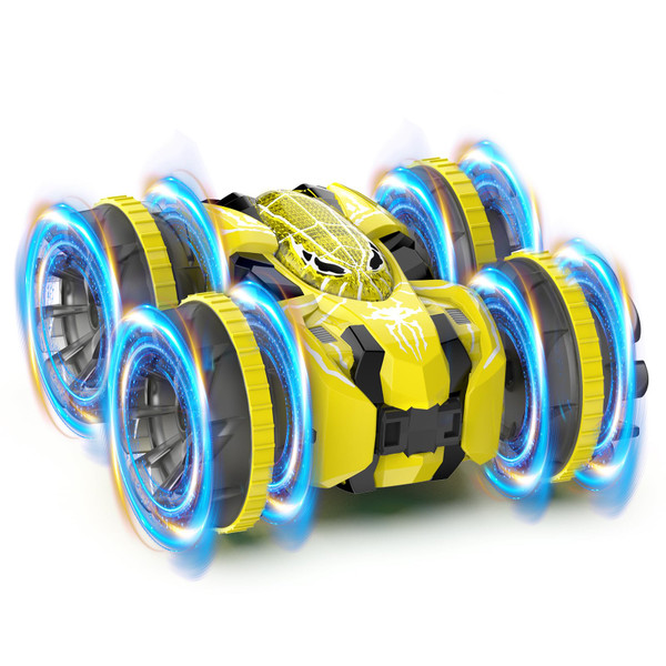 fygurso Waterproof Remote Control Car4WD Amphibious 2.4 GHz RC Car Remote Control Boat360Rotation RC Stunt with LED LightsBoys Girls Gifts All Terrain Water Beach Pool Toy Yellow