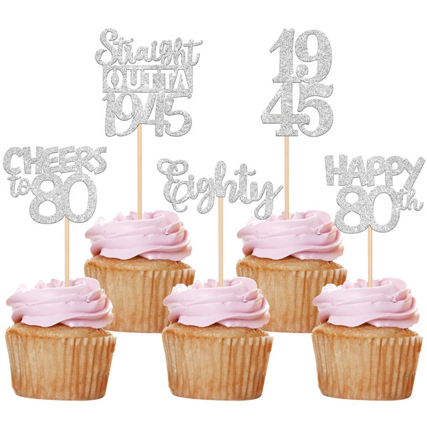 30 PCS 80th Birthday Cupcake Toppers Glitter Eighty Happy 80 Straight Outta 1945 Cupcake Picks for Cheers to 80 Fabulous 80th Birthday Anniversary Party Cake Decorations Supplier Silver