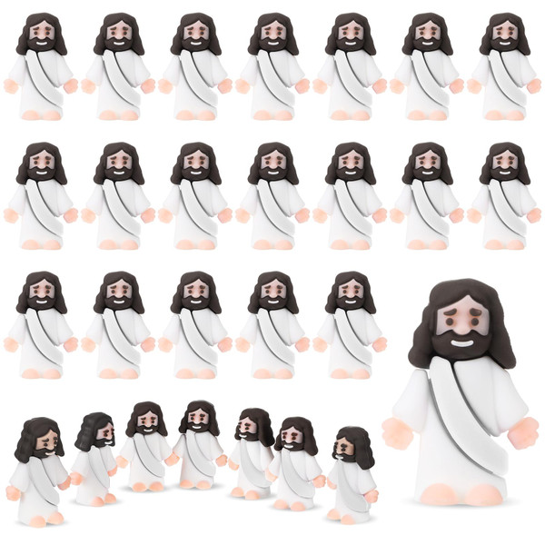 Bememo 25 Pcs Little Jesus Figures Original Design Mini Rubber Jesus Toys to Hide and Seek Religious Party Favors Sunday School Baptism Gifts(White)