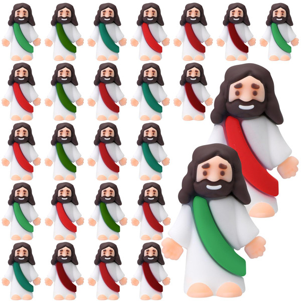 Bememo 25 Pcs Little Jesus Figures Original Design Mini Rubber Jesus Toys to Hide and Seek Religious Party Favors Sunday School Baptism Gifts(Red Green Colors)