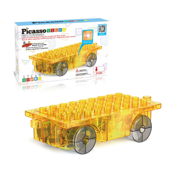 PicassoTiles Magnet Tile Motorized Car Base Self Turning Omnidirectional Truck with Light And Motor Playset Magnetic Tiles Construction Building Blocks Compatible STEM Learning Preschool Ages 3+ PTU05