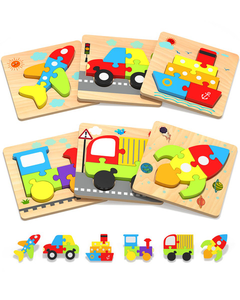 Yetonamr Wooden Toddler Puzzles Gifts Toys for 1 2 3 Years Old Boys Girls, 6 Vehicle Shape Montessori Toys Educational Blocks Easter Basket Stuffers Kids Gift Baby Learning Toy Age 1-3, 2-4