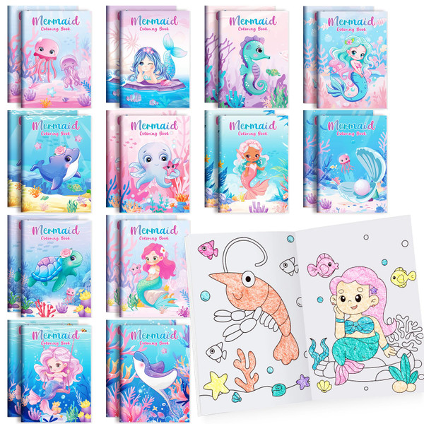 BenLouis 24 Pcs Mermaid Mini Coloring Books Kids Little Mermaid Party Favors Small Activity Books Bulk for Kids Ocean Birthday Goodie Bags Stuffers Return Gifts Classroom Travel