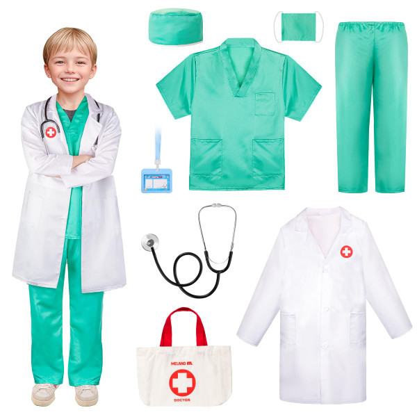 Meland Doctor Costume for Kids - Kids Scrubs with Lab Coat & Carry Bag, Doctor Dress Up for Halloween, Career Day Role Play(Green,7-8 Years)