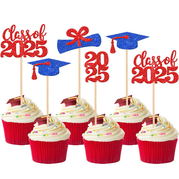 36 PCS Class of 2025 Graduation Cupcake Toppers Glitter Diploma Graduation Cap Cupcake Picks 2025 Congrats Grad Cake Decorations for 2025 Graduation Theme Party Supplies Blue Red