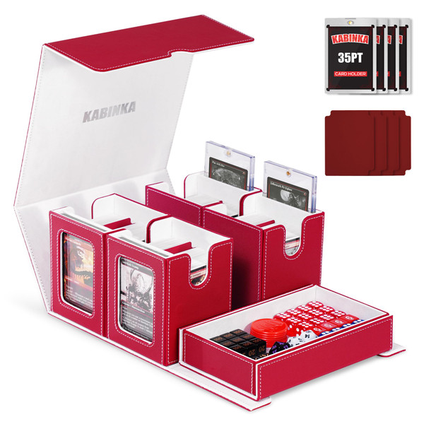Card Deck Box for MTG with Commander Display, 5 in 1 Card Storage Box Fits 400+ Double-sleeved Cards, Removable Deck Case for TCG/Sports Cards with Dice Tray, 4 Magnetic Card Holders (Red White)