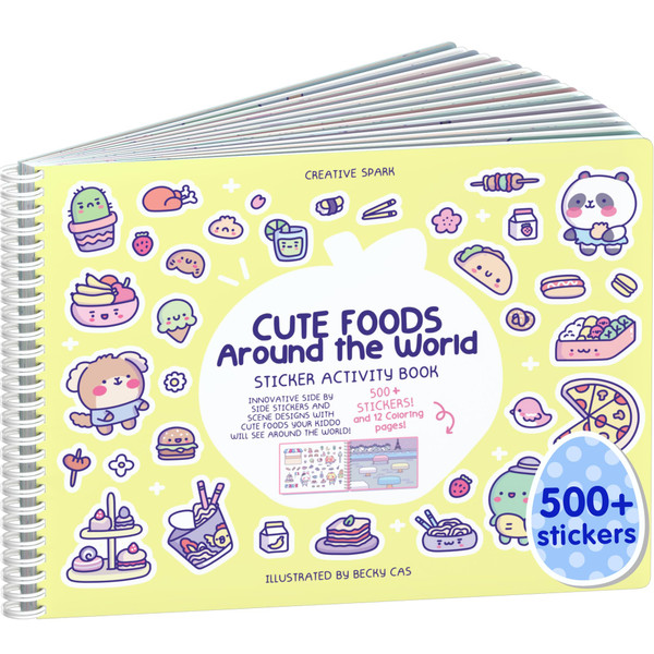 Girly Sticker Book Activity for Kids, Cute Foods Around The World by Cupkin, Toddler Airplane Travel Essentials, 500+ Stickers for Kids 12 Scenes + Coloring Book Pages, Crafts Ages 2-8