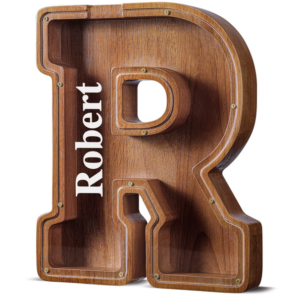 Summidate Customized Name Extra Large Wooden Piggy Bank for Kids Boys Girls Alphabets Letter A-Z Coins Bills Money Change Saving Box Clear Cover (Laser Engraved) Educational Toys 12"- Letter R