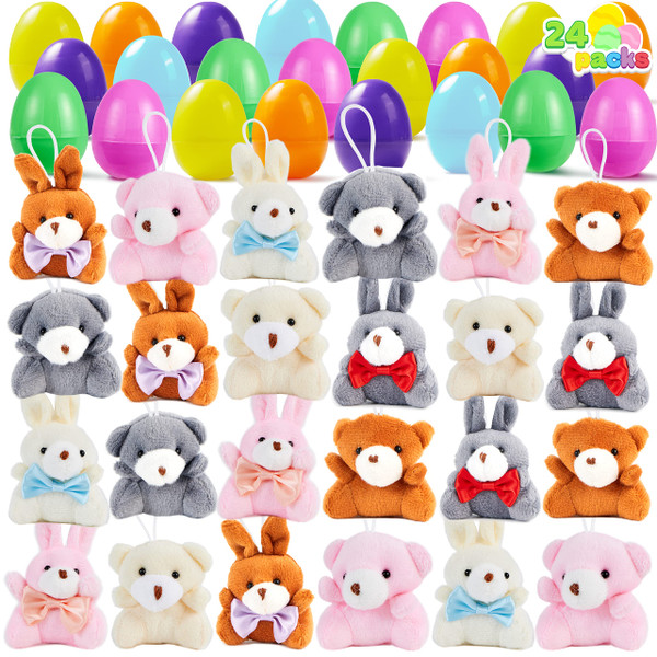 JOYIN 24 Pcs Pre-Filled Easter Egg with Plush Bunnies and Bears, Plush Animal Keychain for Kids Easter Egg Hunt, Goodie Bag Fillers, Basket Stuffers, and Party Favor