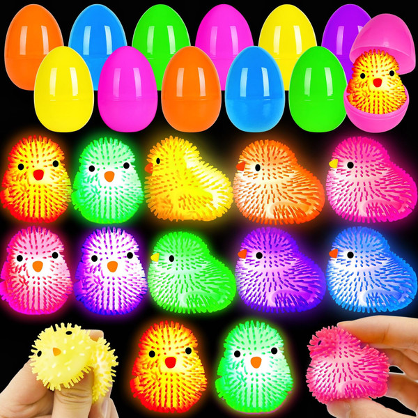 Govetom 12 Pack Easter Eggs Filled Chick LED Puffer Balls,Light Up Toys Stuffers Stress Relief LED Ball for Kids Easter Egg Hunt Filling Treats Easter Basket Stuffers Easter Party Favor