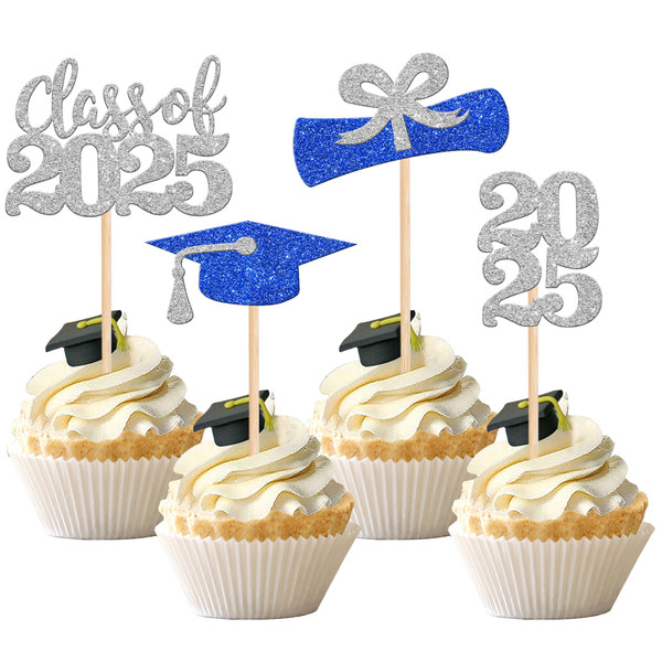 36 PCS 2025 Graduation Theme Cupcake Toppers - Glitter Class of 2025 Graduation Cap Diploma Cupcake Picks - Party Cake Decorations Supplies Silver Blue