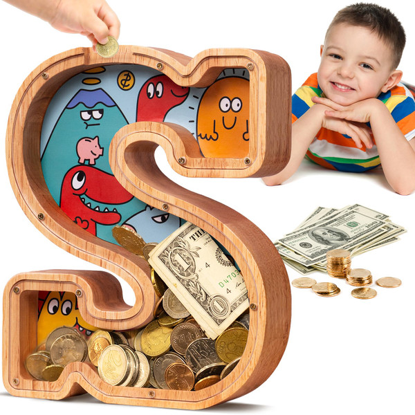 SummiDate Wooden Letter Piggy Bank| Dinosaur Pattern Piggy Bank for Boys Kids Toddler| Original Pattern Alphabet S Money Bank| Coin Bank Birthday Gift for Girls|Children's Gift(S)