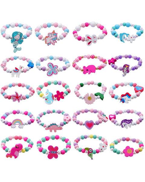 JOTIKO 20 Psc Girls Bracelets Kids Party Favors Birthday Goodie Bag Pinata Stuffers Easter Egg Fillers Classroom Exchange Gifts, Princess Play Jewelry Cute Animals Wooden Beads Friendship Bracelets