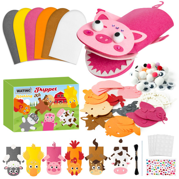 WATINC 6Pcs Hand Puppet Making Kit, Art Craft Felt Sock Puppet Toys, Creative DIY Make Your Own Pompoms Wiggle Googly Eyes Storytelling Role Play Party Supplies Gift for Girls Boys (Farm Animals)