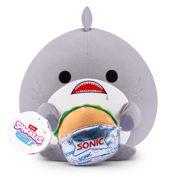 Snackles Series 2 8-inch by ZURU Cuddly Squishy Comfort 8-inch Plush with Licensed Snack Brand Accessory (Shark&Sonic Burger)