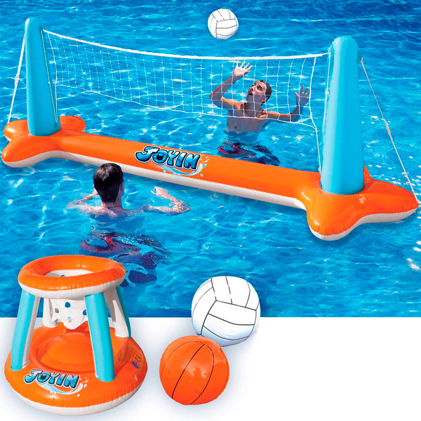 JOYIN XL Inflatable Pool Float Set, 125'' Volleyball Net & Basketball Hoops, Extra Large Floating Swimming Game Toy for Kids and Adults, Summer Floaties, Volleyball Court|Basketball, XL-Orange