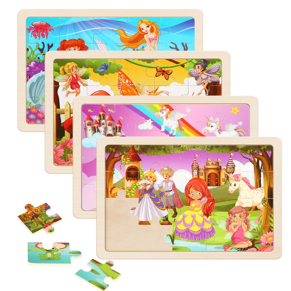 Wooden Puzzles Toys for Kids Ages 3-5, Set of 4 Packs with 20-Piece Unicorn Mermaid Princess Wood Jigsaw Puzzles, Preschool Educational Brain Teaser Toys for Girls 3 4 5 6 Years Old.