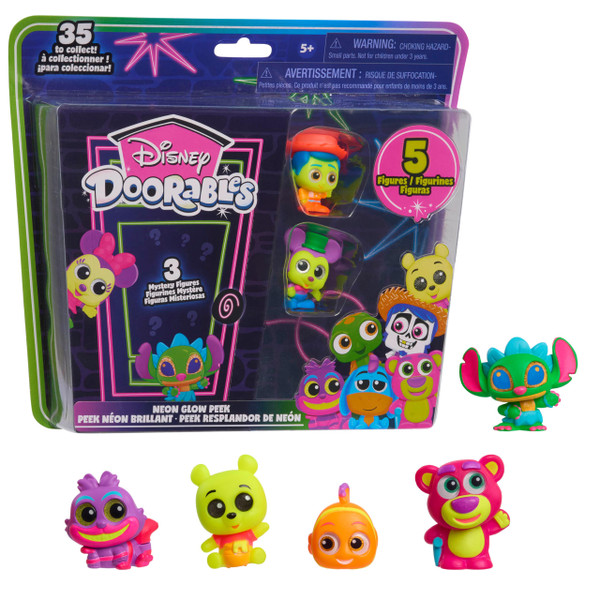 Just Play Disney Doorables Neon Glow Peek Figures, 5 Special Edition 1.5-inch Collectible Figurines, Kids Toys for Ages 5 Up