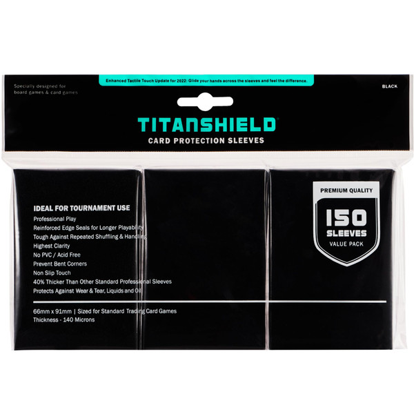 TitanShield (150 Sleeves, Black) Compatible with Standard Sized Board Games, MTG Magic The Gathering, Pokemon, Lorcana and Trading Cards 2.5" x 3.5" 66x91mm
