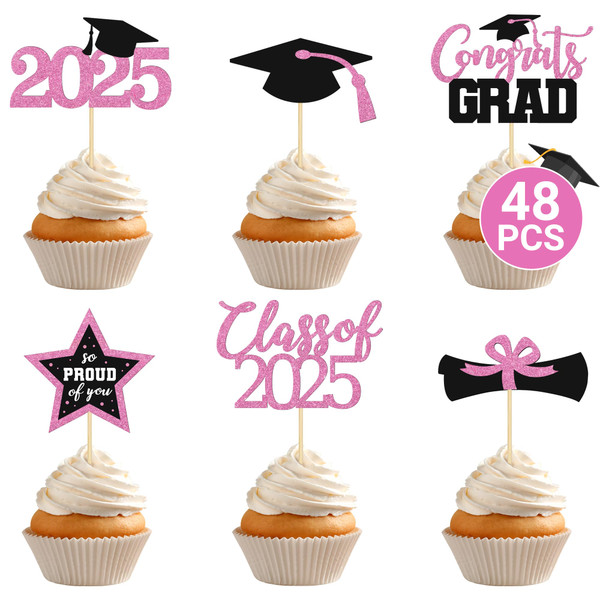 48 PCS Graduation Cupcake Toppers 2025, 6 Style Pink Graduation Decorations, Glitter Design Graduation Cap Cake Toppers Grad Cupcake Toppers, Grad Decorations Class of 2025