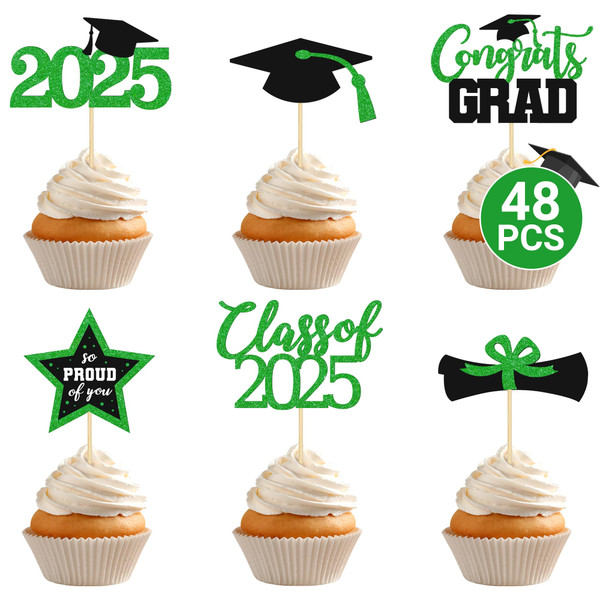 48 PCS Graduation Cupcake Toppers 2025, 6 Style Graduation Cake Decorations, Glitter Design Green Grad Cake Toppers Class of 2025 Toppers, Disposable 2025 Graduation Party Decorations