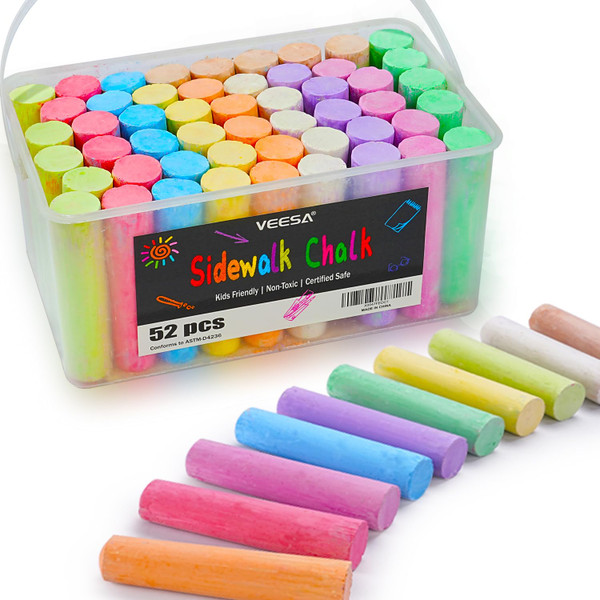 VEESA Sidewalk Chalk, 10 Colors in 52 Pcs 4 x 1 - Non-Toxic Jumbo Colored Chalk Bulk for kids Adults, Draw on Chalkboard, Blackboard and Outdoor Playground