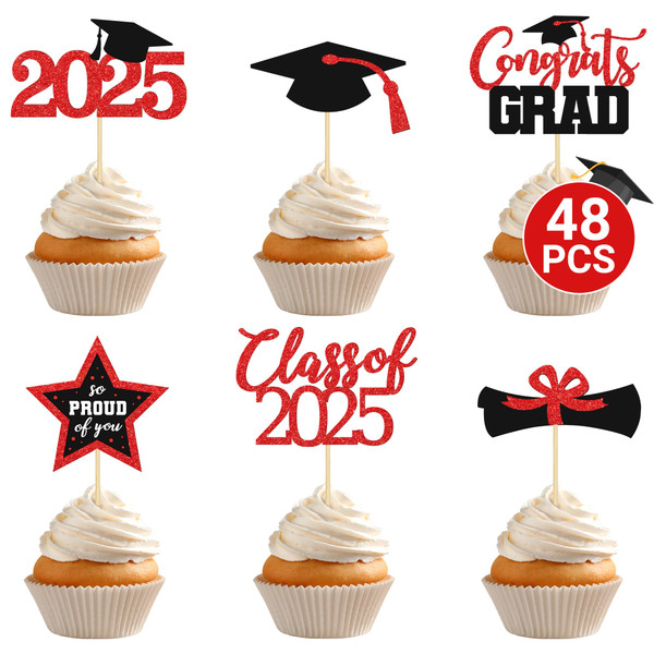 48 PCS Graduation Cupcake Toppers 2025, 6 Style Class of 2025 Decorations, Black and Red Congrats Grad Cake Toppers Graduation Cake Toppers, Glitter Design Red and Black Graduation Decorations 2025
