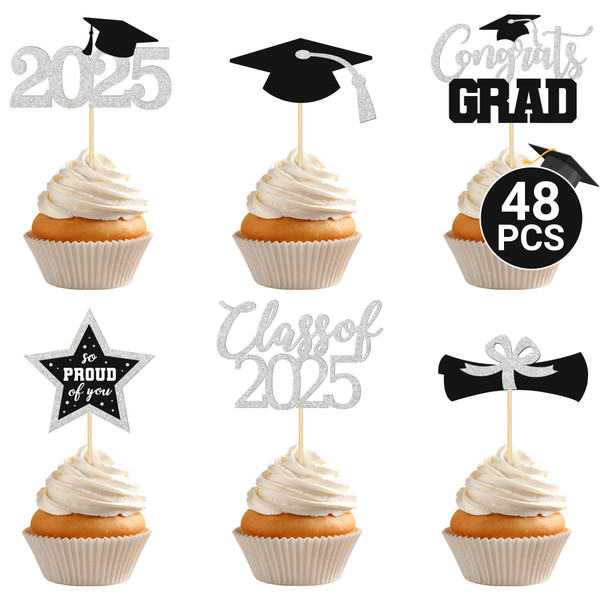 48 PCS Graduation Cupcake Toppers 2025, 6 Style Graduation Decorations Class of 2025, Glitter Silver Design Grad Cupcake Toppers Graduation Hat Cake Toppers, Grad Cupcake Decorations 2025