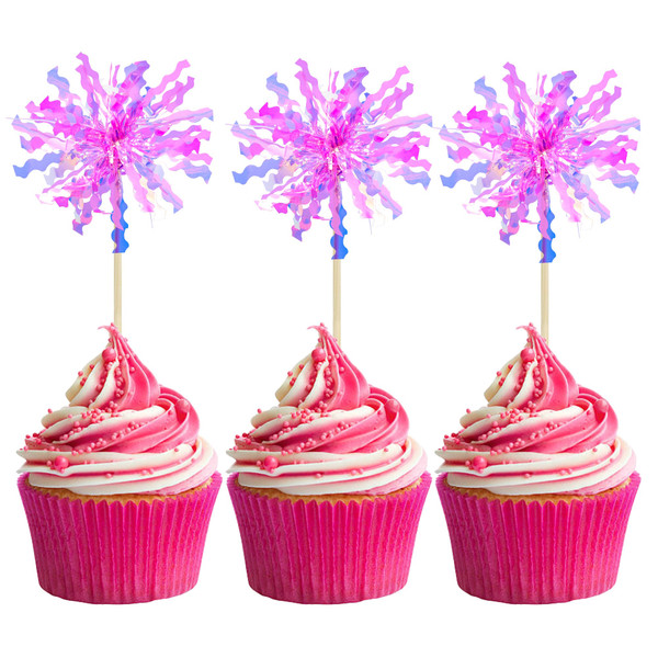 Gyufise 20Pcs Foil Firework Cupcake Toppers Happy Birthday Cake Toppers Sparkle Tinsel Flower Drink Stirrers Cocktail Food Fruit Toothpicks for Valentine's Day Party Supplies Rose Red