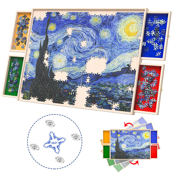 1500 Pieces Rotatable 360-Degree Wheels Puzzle Board with Drawers and Cover Lightweight Portable Wooden Puzzle Table for Adults Kids 35'' x 26''