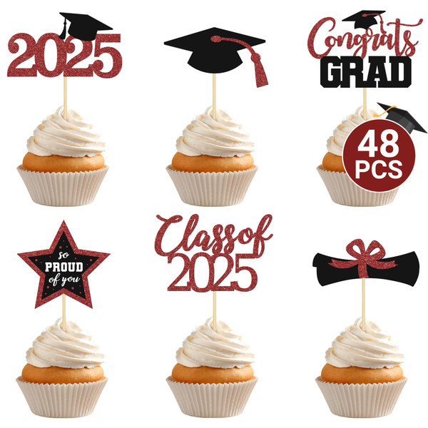 48 PCS Graduation Cupcake Toppers 2025, 6 Style Maroon Graduation Decoration Class of 2025, Glitter Design Class pf 2025 Hat Cake Toppers Graduation Toppers, Grad Party Supplies 2025