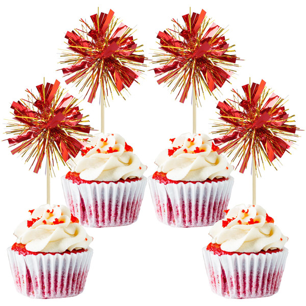 Gyufise 20Pcs Foil Firework Cupcake Toppers Sparkle Tinsel Cake Toppers Tinsel Drink Cake Decoration Cocktail Picks for Birthday Wedding Graduation Party Supplies Gold Red