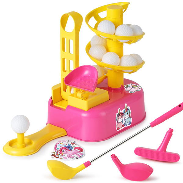 iPlay, iLearn Girls Pink Golf Toys Set W/Left & Right Club Head, Kids Outdoor Sport Toy Age 3-5, Toddler Indoor Golf Ball Game, Child Active Exercise Yard Play Birthday Gifts for 4 6 7 8 Year Olds Boy