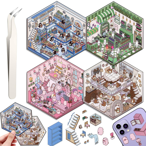 DIY 3D House Stickers, 4 Set Fun DIY Stickers Scene Make Your Own Warm Home, Supermarket, Coffee Shop, Music Bar, Cute 3D Cartoon Scene Stickers for Adult Kids Relief Stress Pass The Time (SY2.0)