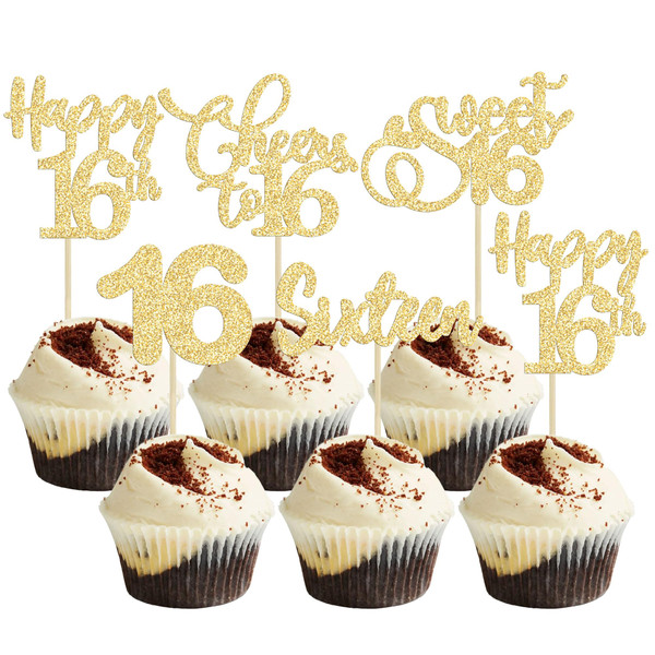 30 Pack Happy 16th Birthday Cupcake Toppers Gold Glitter Sweet 16 Cheers to 16 Years Old Birthday Cupcake Picks for Happy 16th Birthday Anniversary Party Cake Decorations