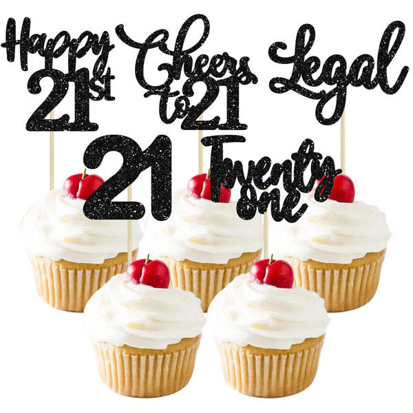 30 Pack Happy 21st Birthday Cupcake Toppers Black Glitter 21 Fabulous Cheers to 21 Years Old Birthday Cupcake Picks for Happy 21st Birthday Anniversary Party Cake Decorations