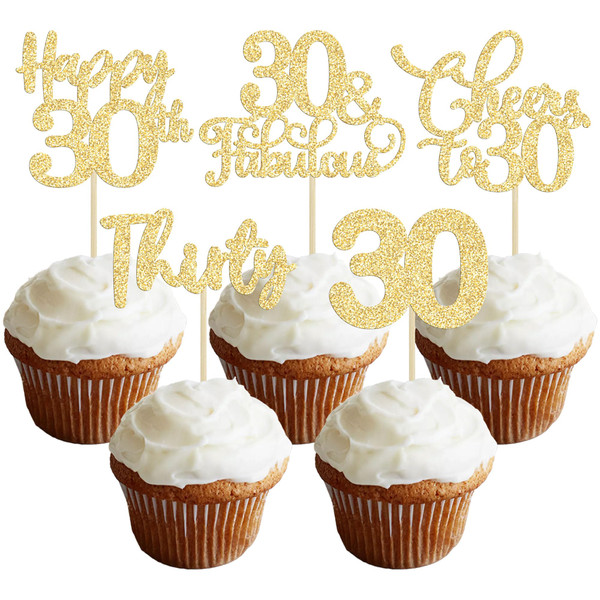 30 Pack Happy 30th Birthday Cupcake Toppers Gold Glitter Thirty Cheers to 30 Birthday Cupcake Picks for Happy 30th Birthday Anniversary Party Cake Decorations Supplies