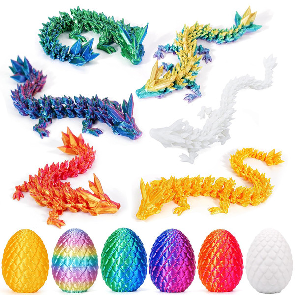 6 Pcs 3D Printed Dragon Eggs with Dragon Inside, Mini Dragon Egg Fidget Toy 3D Articulated Crystal Dragon Eggs, Easter Basket Stuffers 3D Printed Easter Eggs Animals Toy Set (Multicolor-6pcs)